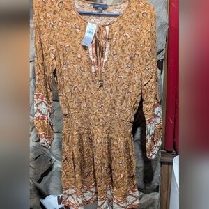 American Eagle Outfitters Floral Tie-Neck Maxi Dress in Mustard and Cream